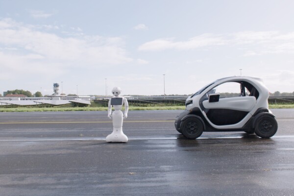 Robot Pepper en autonoom rijdende Renault Twizy op landingsbaan Groningen Aitport Eelde.